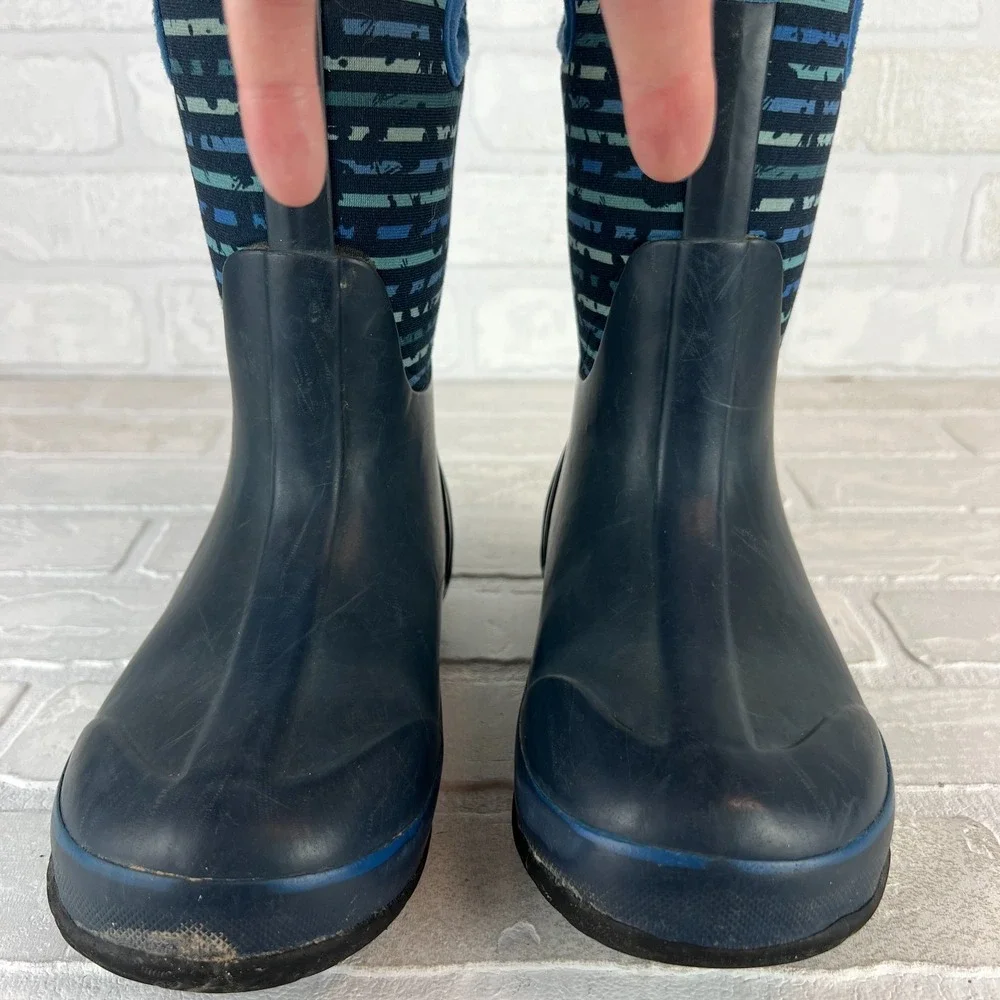 Bogs Rain Boots Youth 2 Blue Classic Stripe Waterproof Insulated Mid Calf Winter